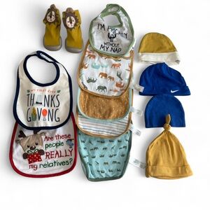 Baby Accessories Lot – 12 Pieces – 7 Bibs, 4 Hats‎ & Sock Shoes